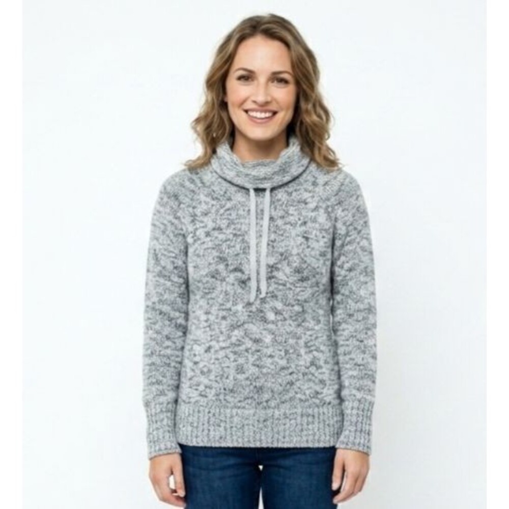 Athleta Traverse City Cowl Neck Sweater M Medium Gray Marl Knit Drawstring EUC